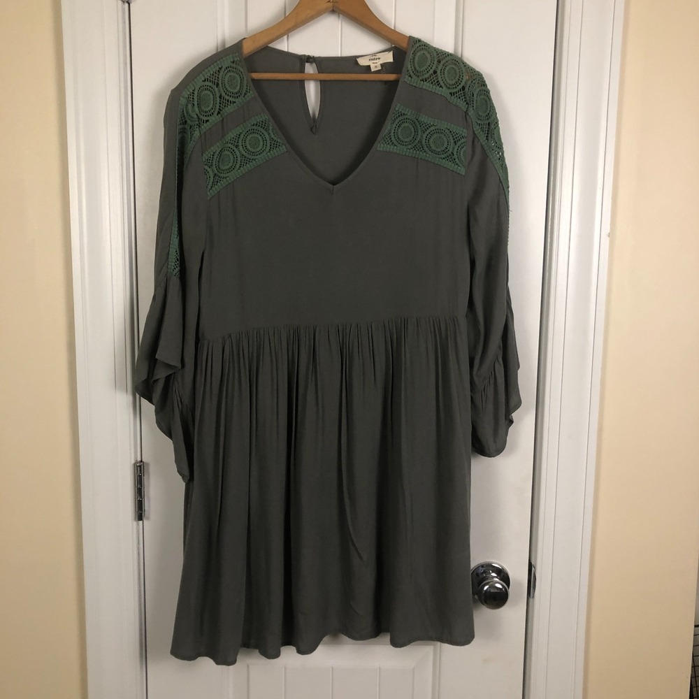 Entro Womens Mini Dress Small Olive Green  Babydoll Flowy Boho Cottage Whimsical